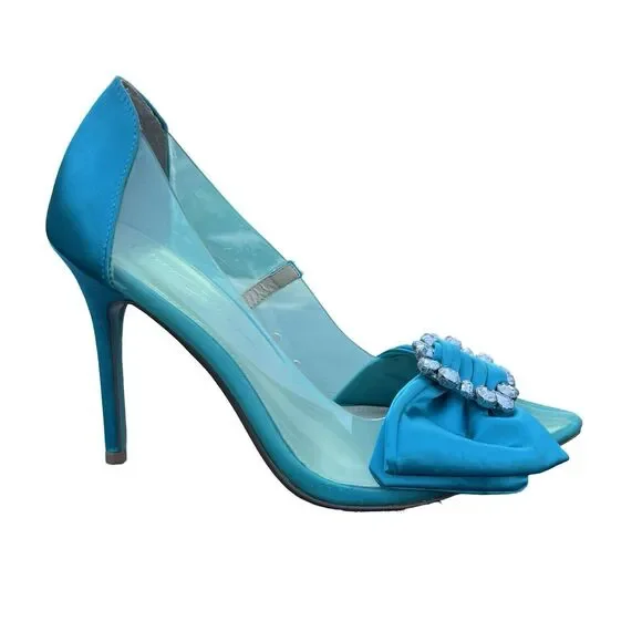 Betsey Johnson Teal Blue Rhinestone Bow wedding pointed toe heel Maise Pump 9.5 - Picture 4 of 11